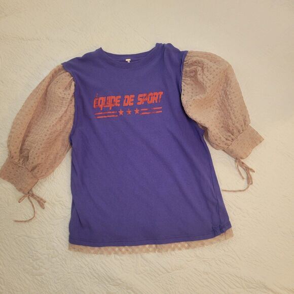 Free People Just Met‎ Tee in Sport Combo Purple Pink Ruffle Sleeves Small - Picture 8 of 14